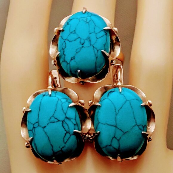 LARGE Russian Russia 14K Rose Pink Gold Turquoise Cabochon Pierced Earrings - Picture 9 of 15